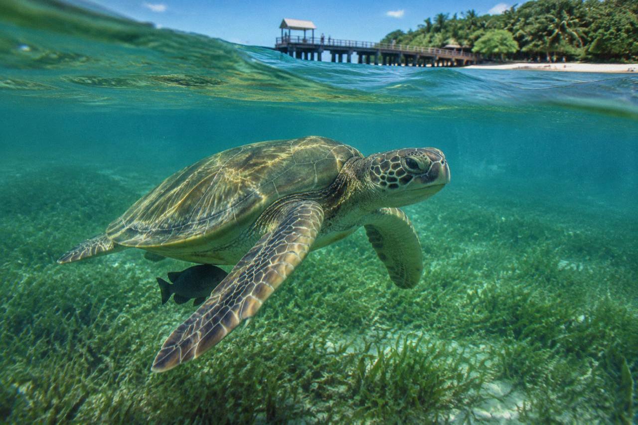 A green sea turtle swimming over seagrass in clear shallow water beside a tropical island reef