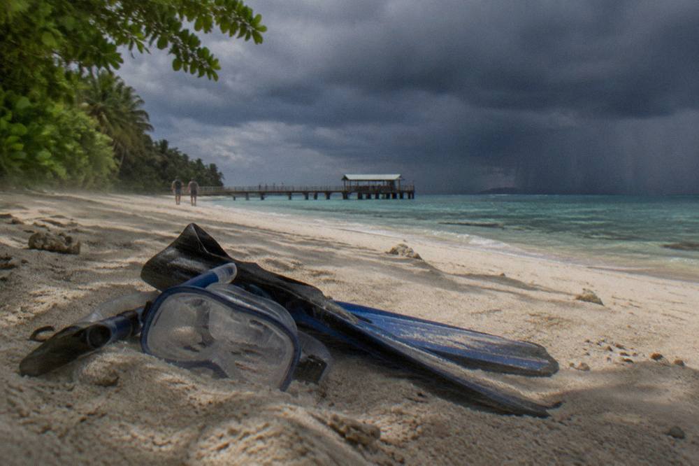 Snorkel mask and fins resting on a sandy beach beside clear shallow water