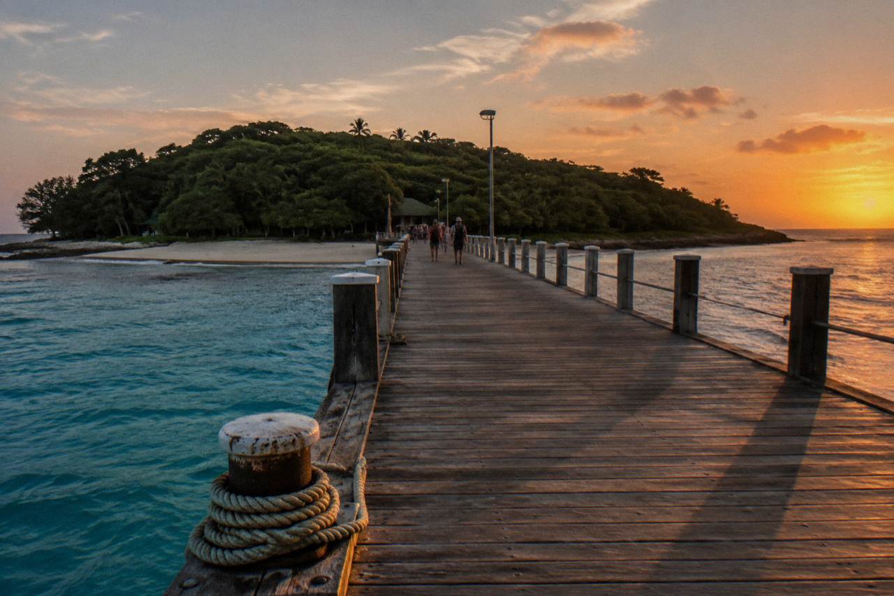 Wooden jetty stretching over clear turquoise water toward a small rainforest covered coral island