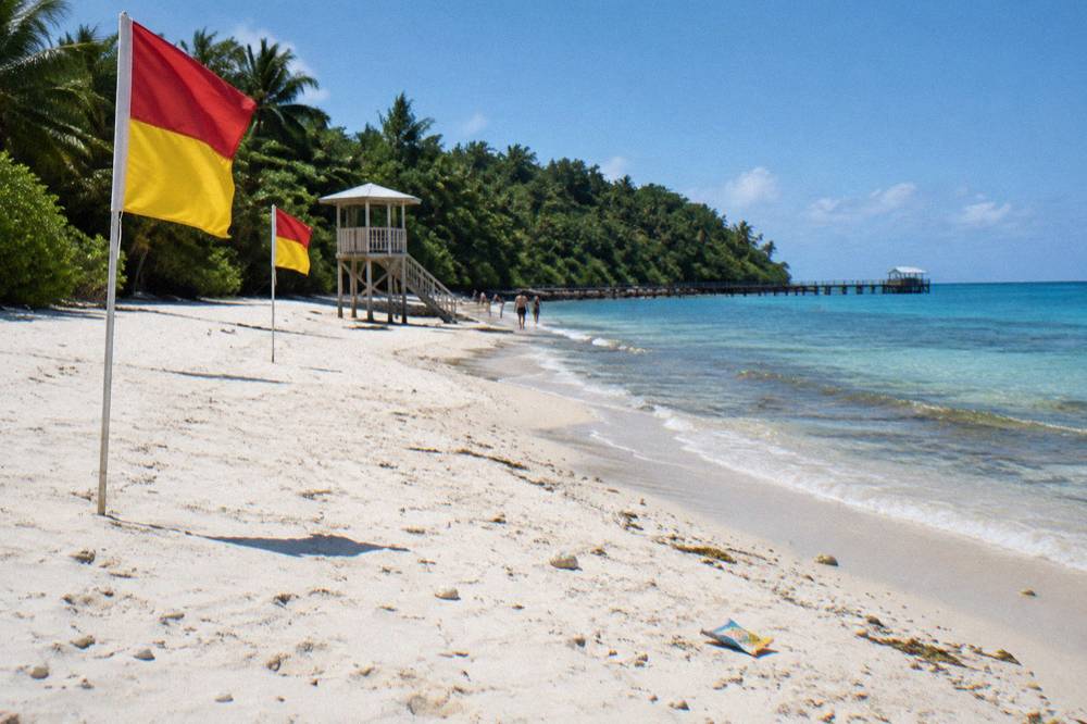 A patrolled swimming area marked by red and yellow flags on a tropical island beach