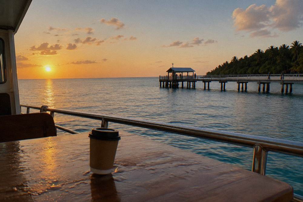 A calm horizon line seen across open sea from the deck of a moored boat near an island jetty
