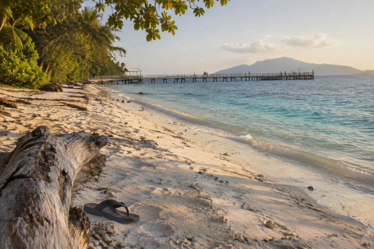 Sandy beach and turquoise shallows along the shoreline of a small tropical coral cay with a timber jetty in the distance