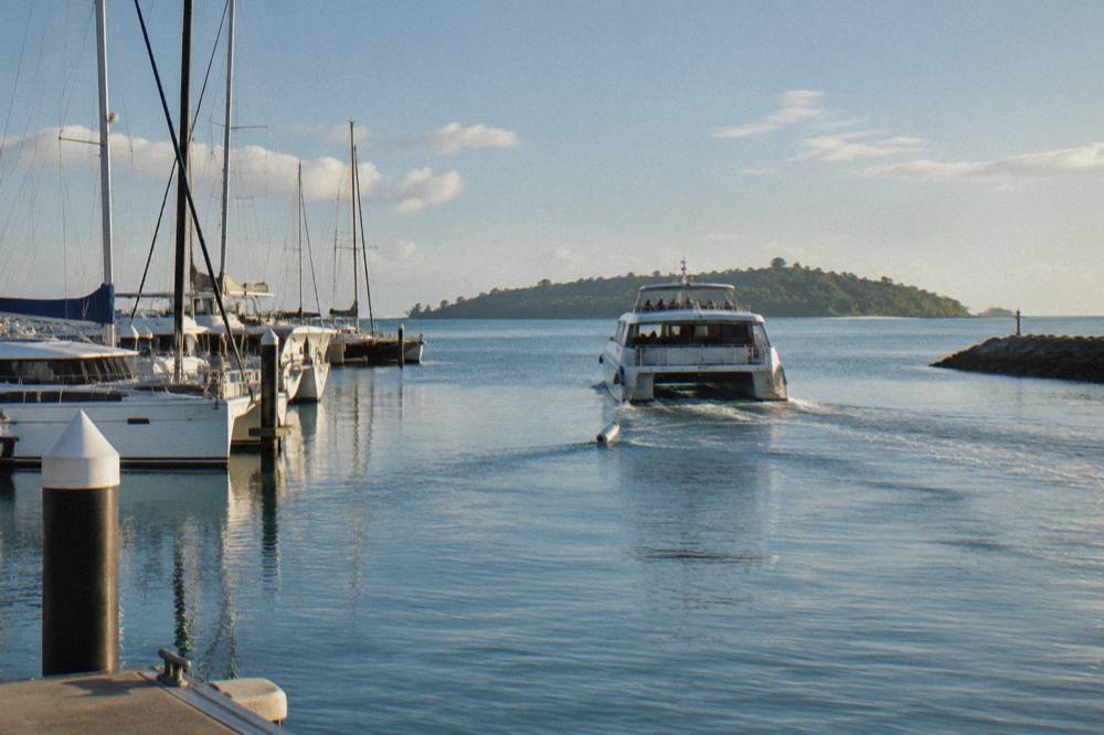 A fast catamaran cruising across open water toward a green coral cay