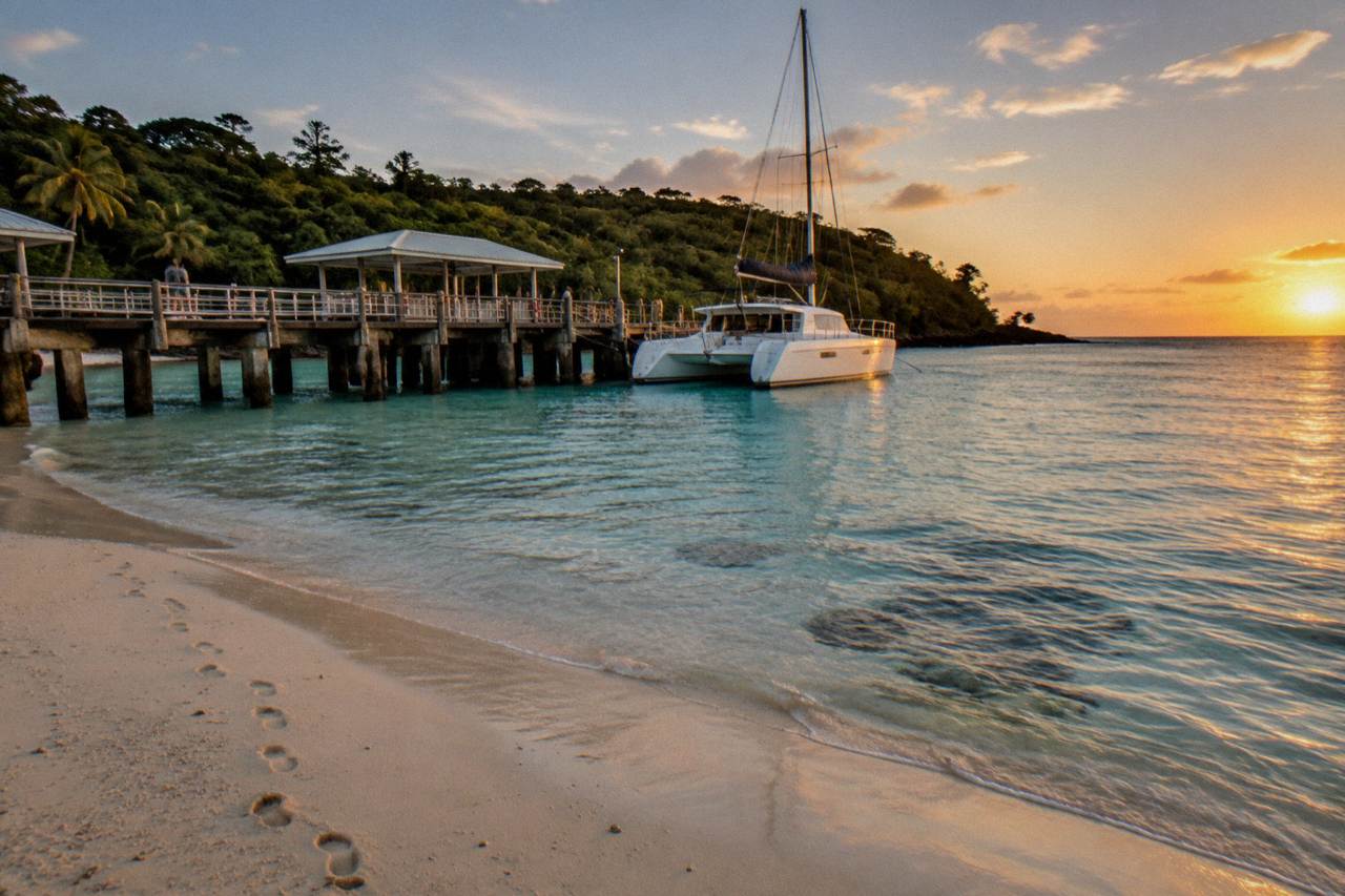 A catamaran moored at a tropical island jetty beside clear turquoise reef water