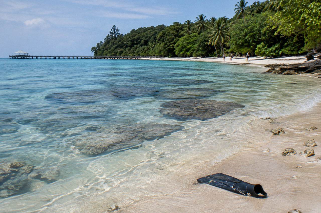Calm turquoise water over a coral reef beside a tropical island shoreline