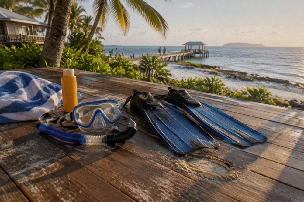 Snorkelling gear laid out on a wooden deck beside a towel and sunscreen