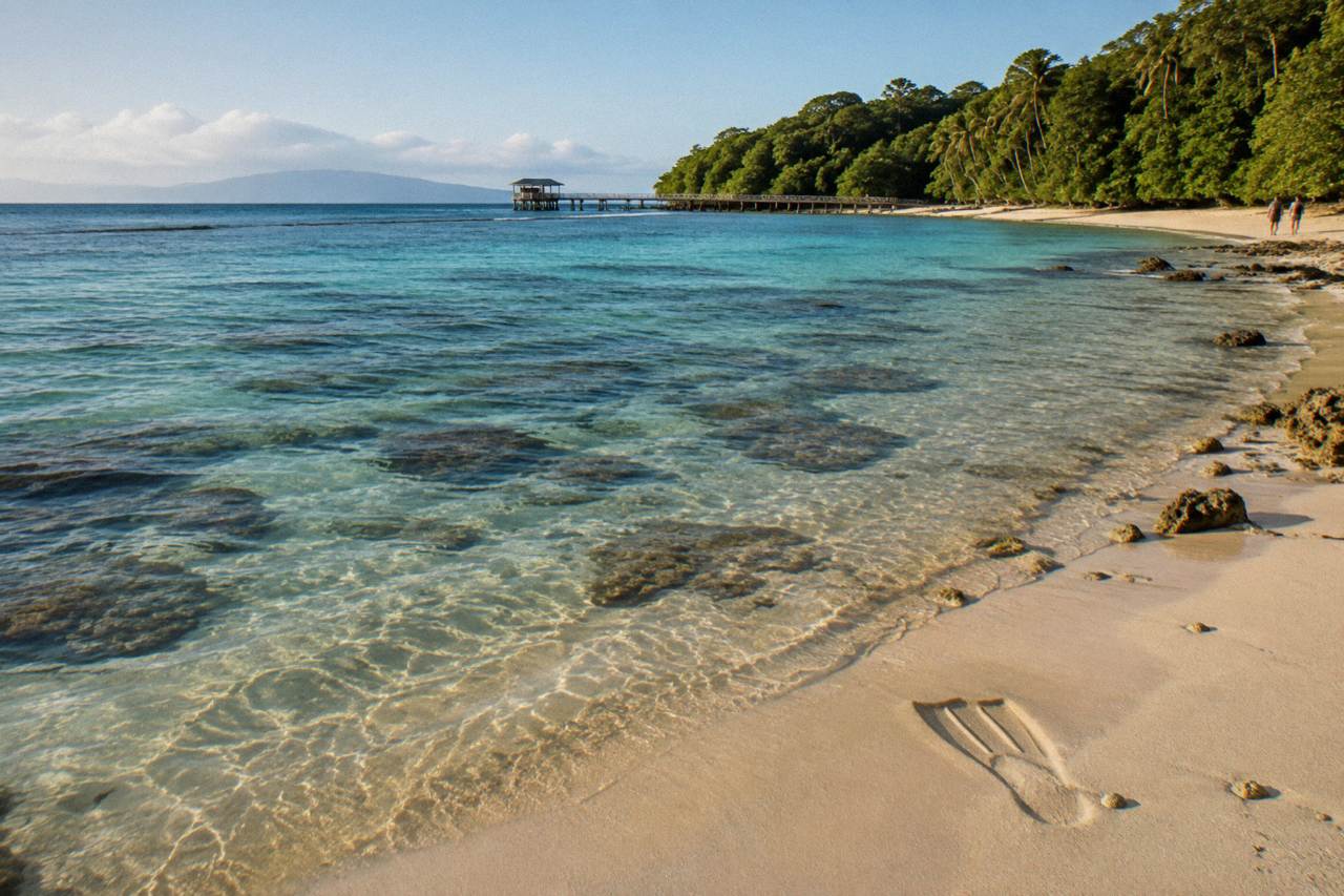 Calm turquoise water over a coral reef shallows beside a tropical island shoreline