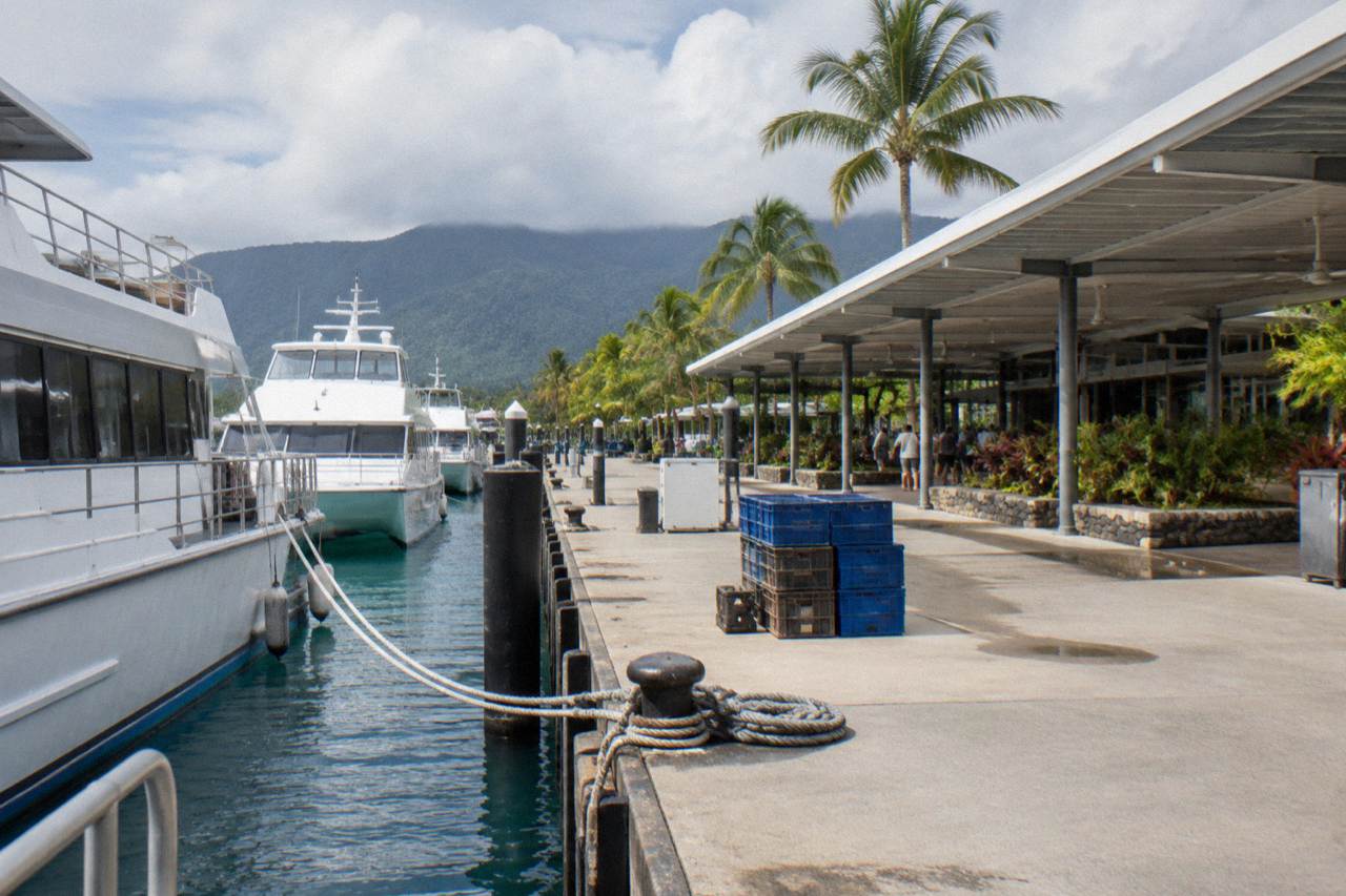 Cairns marina waterfront with moored cruise vessels and a timber jetty beside the terminal building