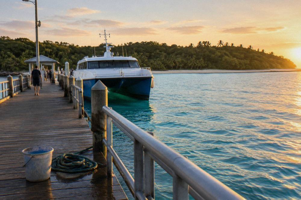 A fast catamaran ferry crossing calm blue tropical water toward an island jetty