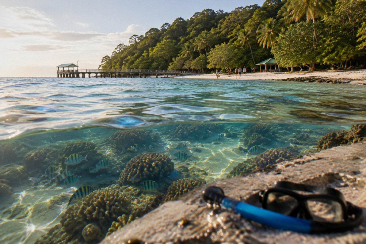 Coral reef and clear tropical water beside a rainforest covered island shoreline