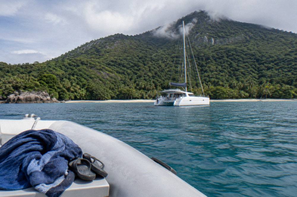 A catamaran anchored near a rainforest covered tropical island shoreline
