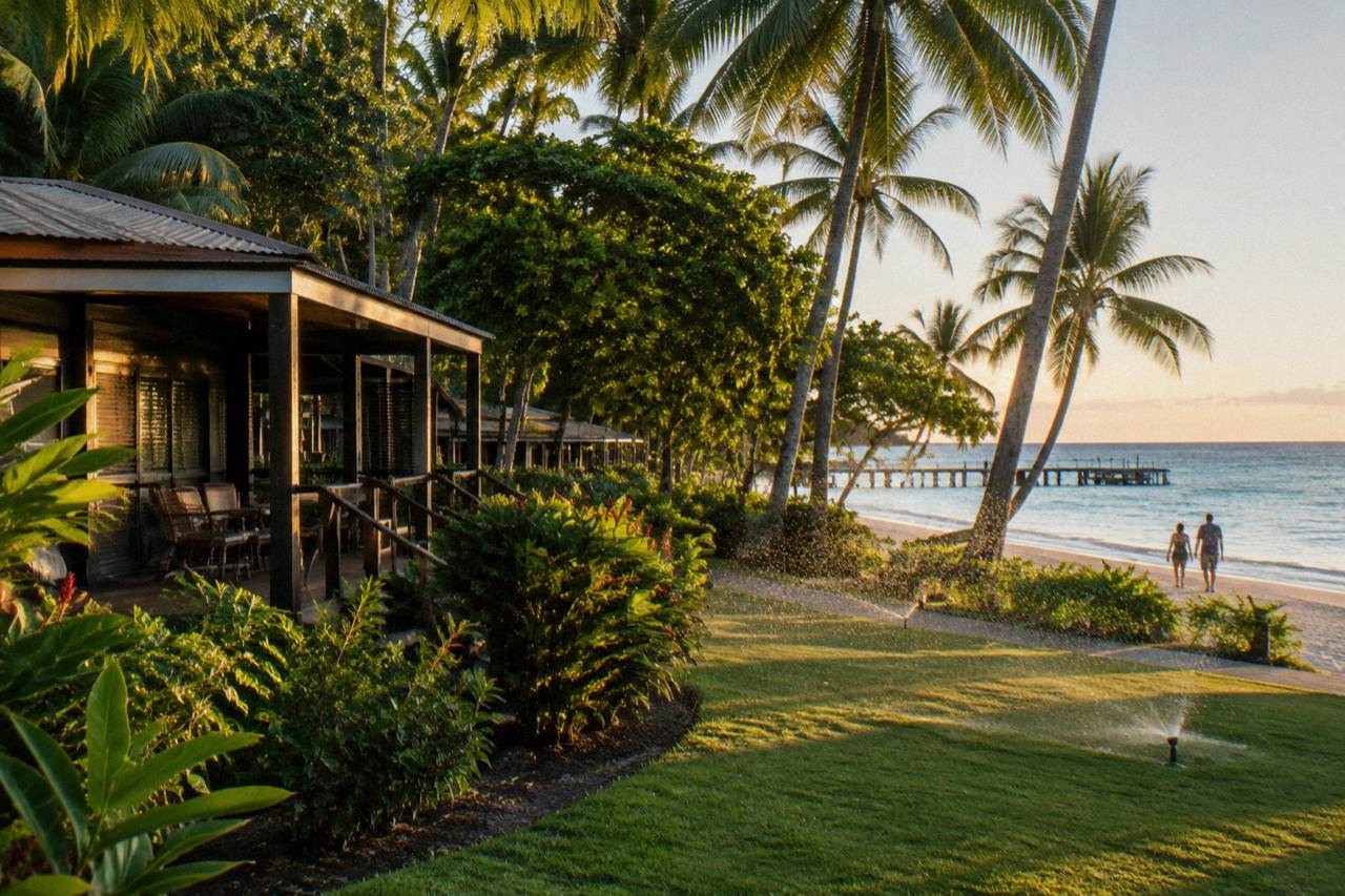 Timber resort buildings set among rainforest trees on a small coral cay with calm turquoise water along the shoreline