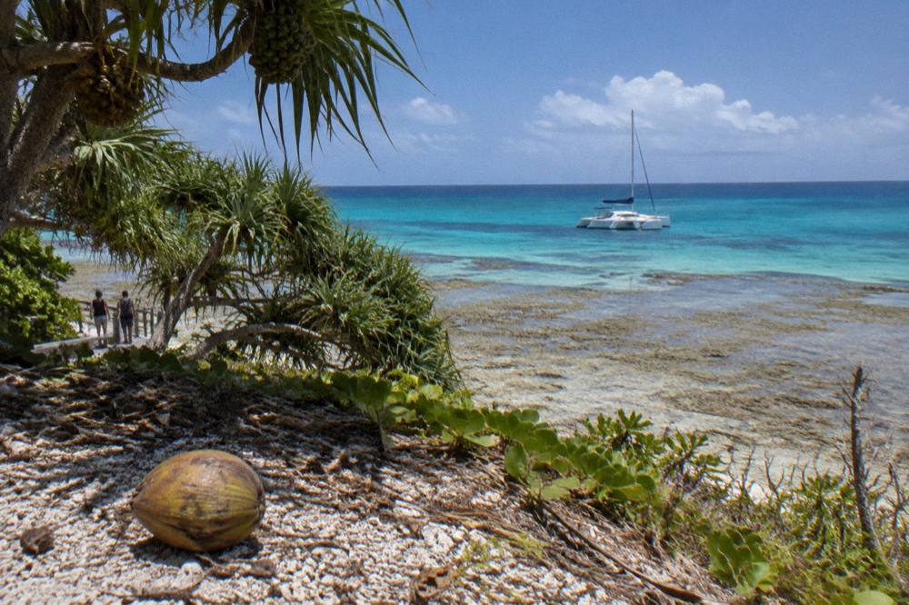 A catamaran moored beside a coral cay island with shallow reef water stretching to the horizon