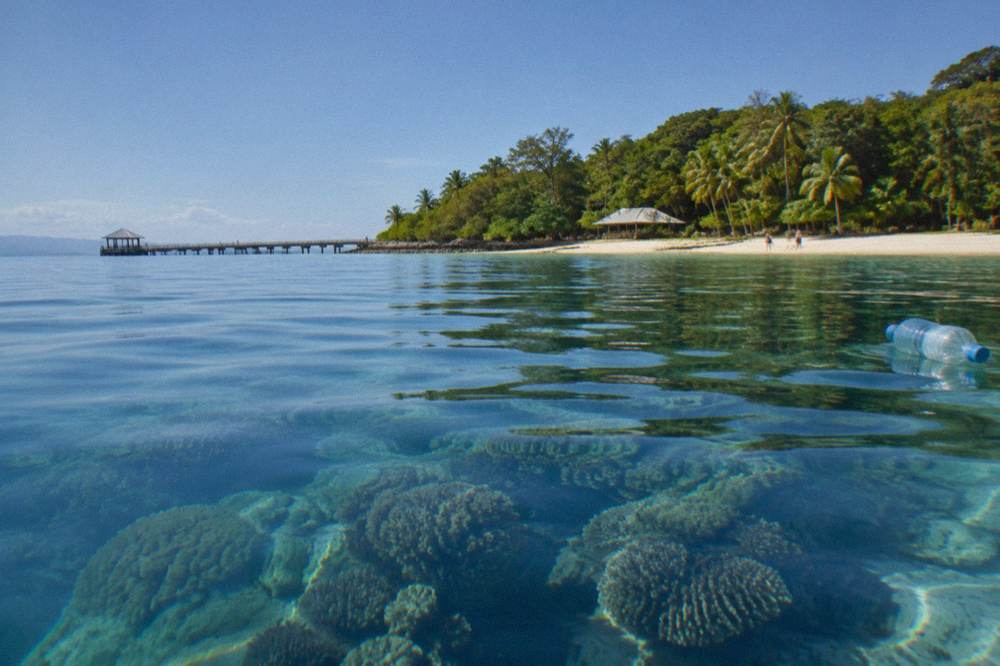 Clear blue tropical sea with coral visible beneath the surface
