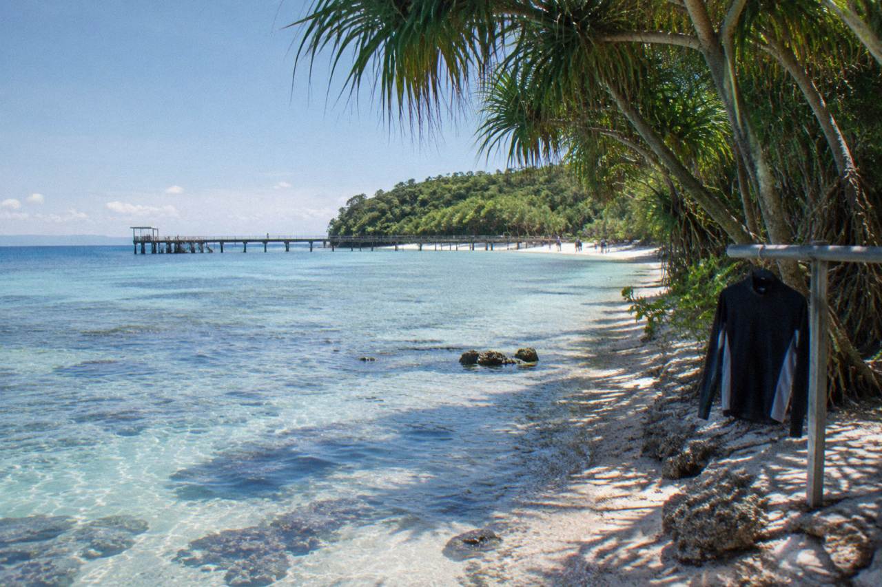 Calm tropical water over a coral reef flat near a wooded island on a bright day