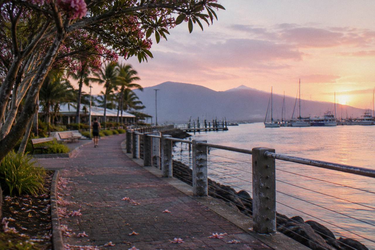 Cairns Esplanade waterfront at sunrise with the reef fleet marina in the distance